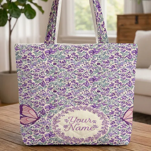 Flowers Leaves Floral Wreath Butterflies Name Everyday Carry Gift Quilted Tote Bag