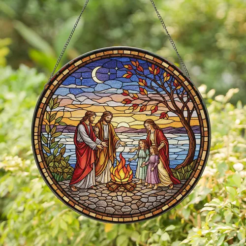 Family Fire Pit Gathering Autumn Tree Moon Twilight Landscape - Home Decor Gift Stained Glass Suncatcher