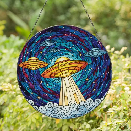 Multiple Flying Saucer Cosmic Night Sky Stars Nebulae Clouds - Home Decor Gift Stained Glass Suncatcher