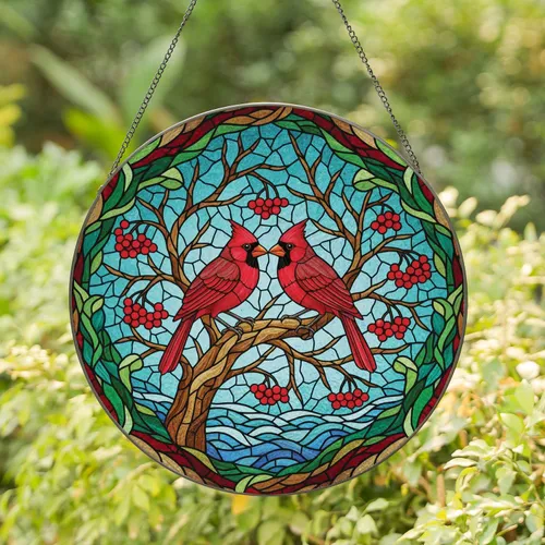 Two Red Cardinal Birds Bills Touching Branch Red Berries Mosaic Home Decor Gift for Bird Lover Stained Glass Suncatcher
