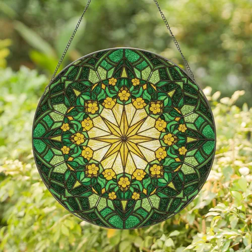 Radiant Golden Star Green Leaves Yellow Flowers Tiffany Glass Mosaic Home Decor Gift Stained Glass Suncatcher