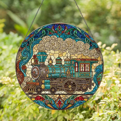 Ornate Steam Locomotive Swirling Steam Clouds Geometric Tessellations - Home Decor Gift for Train Lover Stained Glass Suncatcher