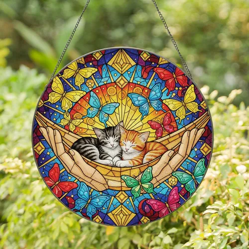 Cuddling Tabby Kittens Butterflies - Tiffany Glass Home Decor Gift for Cat Lover Stained Glass Suncatcher