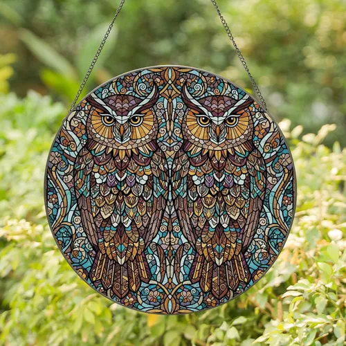 Two Majestic Mirroring Owls with Observant Eyes - Floral Organic Mosaic Home Decor Gift Stained Glass Suncatcher