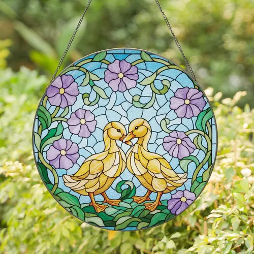 Nuzzling Ducklings Floral Stained Glass - Home Decor Gift for Wildlife Lover Stained Glass Suncatcher
