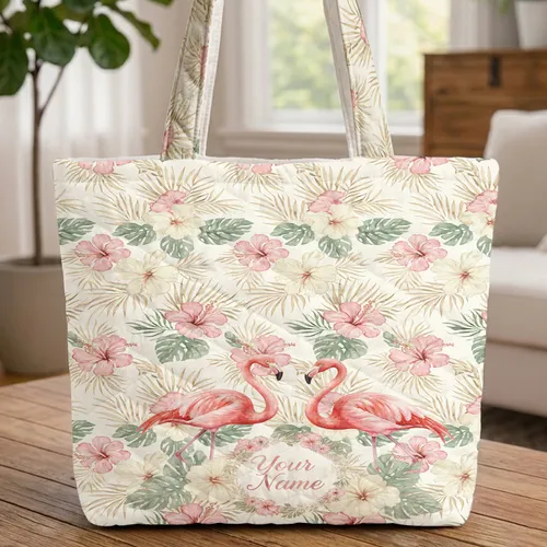 Pink Flamingo Hibiscus Your Name Personalized - Everyday Carry Gift for Flamingo Lover Quilted Tote Bag