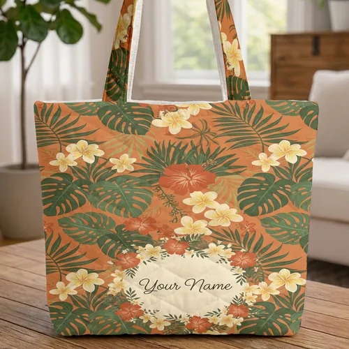 Tropical Botanical Wreath Personalized Name Hibiscus Frangipani - Everyday Carry Gift Quilted Tote Bag