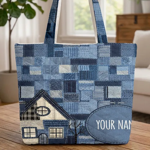 Denim Patchwork House Plaid Window Your Name Hoop - Everyday Carry Gift Quilted Tote Bag