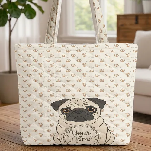 Pug Dog Name Wreath Floral Accents Paw Bone Background - Everyday Carry Gift for Dog Lovers Quilted Tote Bag