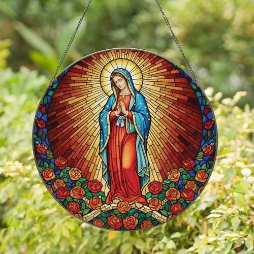Virgin Mary Praying Roses Mosaic Stained Glass - Spiritual Home Decor Gift for Believers Stained Glass Suncatcher