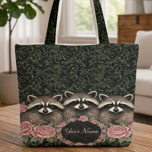 Raccoons Pink Roses Floral Wreath - Everyday Carry Gift for Wildlife Lovers Quilted Tote Bag