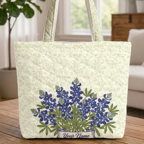 Lush Bluebonnet Delicate Wildflower Bouquet Name Scroll - Everyday Carry Gift Quilted Tote Bag