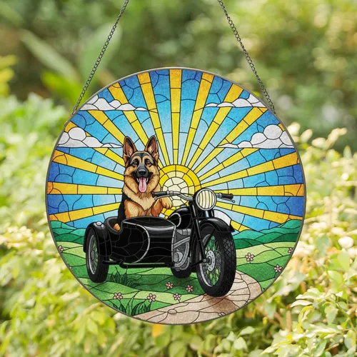 German Shepherd Vintage Motorcycle Sidecar Sun Hills - Dog & Rider Home Decor Gift Stained Glass Suncatcher