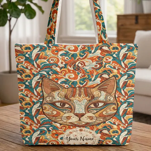 Stylized Cat Face Floral Wreath Personalized Organic Swirls - Everyday Carry Gift for Cat Lover Quilted Tote Bag