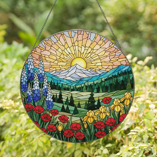Stained Glass Mountain Valley Landscape, Sun & Floral Mosaic - Nature Lover Gift Stained Glass Suncatcher