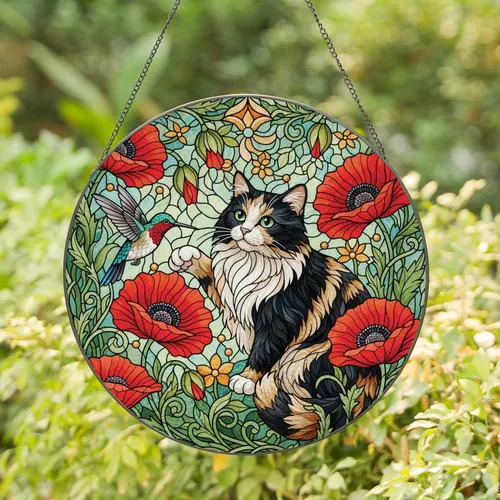 Fluffy Calico Cat Green Eyes Red Poppy Hummingbird Floral Garden Mosaic - Home Decor Gift Stained Glass Suncatcher