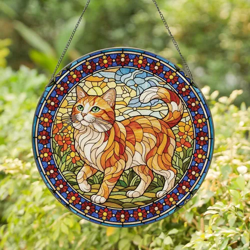 Orange White Cat Circular Frame Geometric Mosaic - Home Decor Gift for Cat Lover Stained Glass Suncatcher