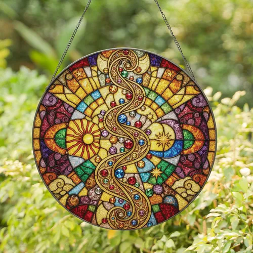 Cascading Golden Spiral Crystal Beads Geometric Mosaic Celestial - Home Decor Gift Stained Glass Suncatcher