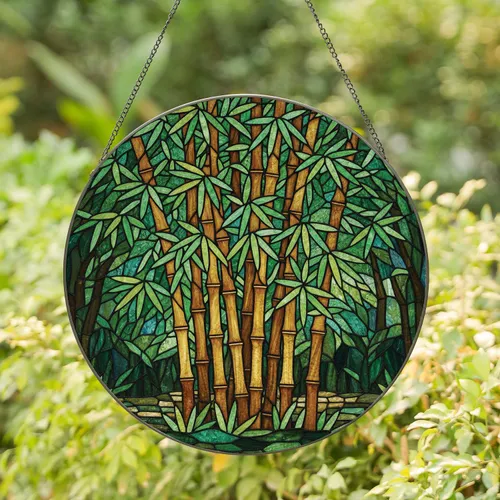 Bamboo Stalks Leaves Dense Foliage Stained Glass Mosaic - Home Decor Gift Stained Glass Suncatcher