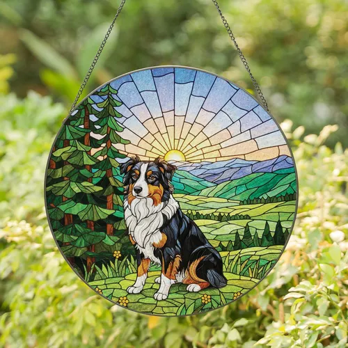 Australian Shepherd Dog Pine Trees Mountains Sunset - Dog Lover Home Decor Gift Stained Glass Suncatcher