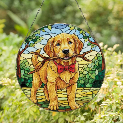 Golden Retriever Puppy Holding Stick Red Bow Tie Foliage Sky - Home Decor Gift for Dog Lover Stained Glass Suncatcher