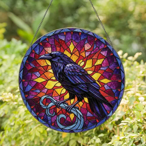 Black Raven Iridescent Purple Blue Feathers Mosaic - Home Decor Gift for Bird Lovers Stained Glass Suncatcher