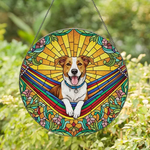 Brown White Dog Striped Hammock Geometric Floral Sunrays - Home Decor Gift for Dog Lover Stained Glass Suncatcher