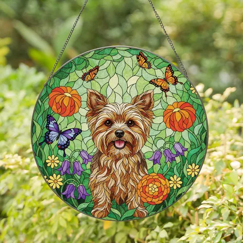 Yorkshire Terrier Floral Butterflies Home Decor Gift for Dog Lovers Stained Glass Suncatcher