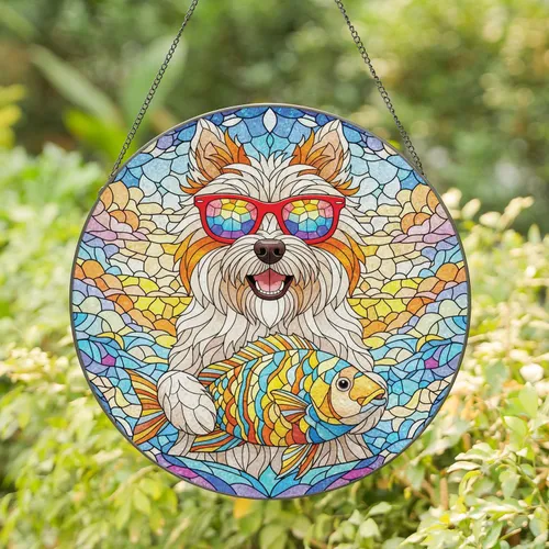 Fluffy Dog Sunglasses Tropical Fish - Home Decor Gift for Dog Lover Stained Glass Suncatcher