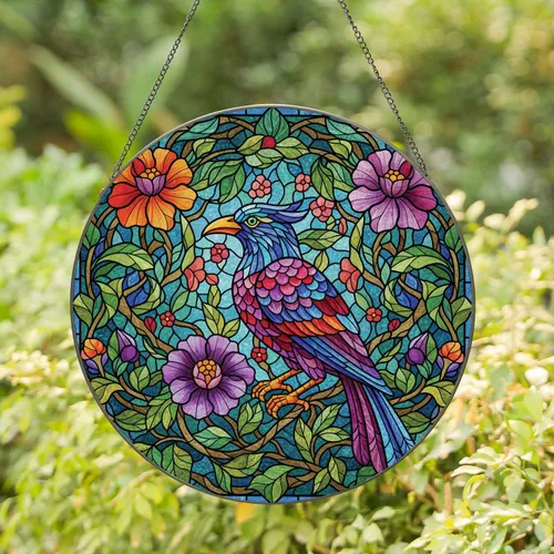 Orange Beak Bird Green Eye Blossom Leaf Floral Mosaic Home Decor Gift for Bird Lover Stained Glass Suncatcher