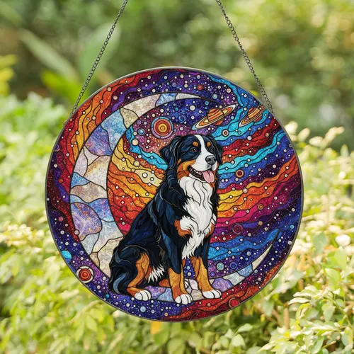 Bernese Mountain Dog Crescent Moon Cosmic Sky - Dog Lover Home Decor Gift Stained Glass Suncatcher