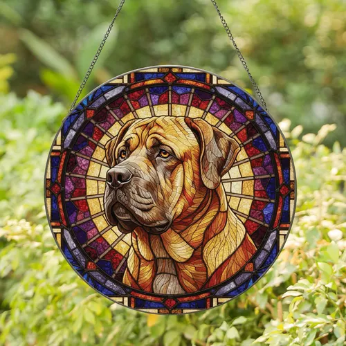 Mastiff Dog Bust Natural Ears Left Facing Outer Border - Home Decor Display for Dog Lover Stained Glass Suncatcher
