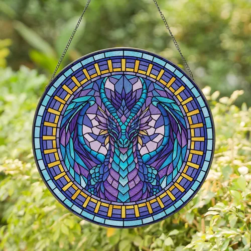 Majestic Dragon Tiffany Stained Glass Circular Mosaic - Fantasy Lover Home Decor Gift Stained Glass Suncatcher