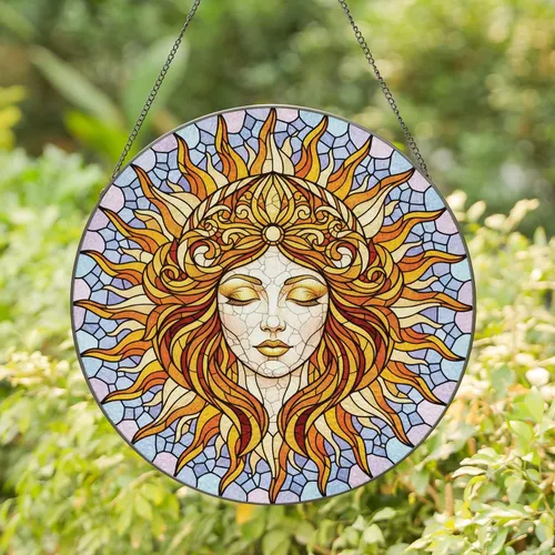 Ethereal Celestial Sun Goddess Face Radiant Burst - Home Decor Gift Stained Glass Suncatcher