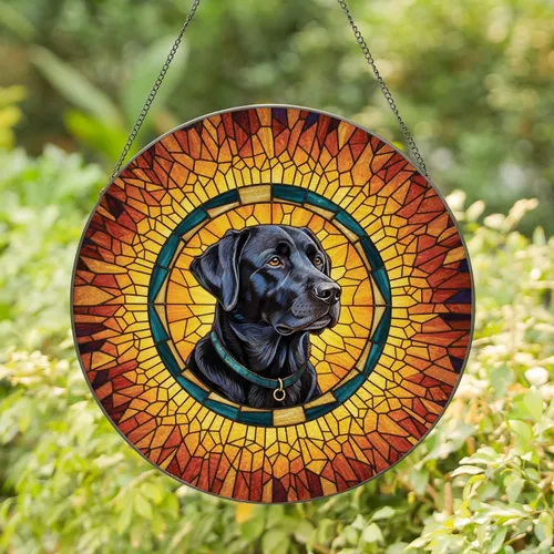 Black Labrador Retriever Portrait Stained Glass Teal Gold Border - Home Decor Gift for Dog Lovers Stained Glass Suncatcher