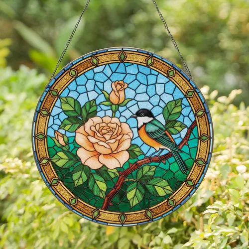 Bird Branch Leaves Sky Mosaic - Home Decor Gift for Bird Lover Stained Glass Suncatcher