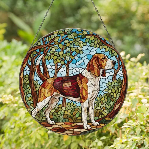 Stately Hound Dog Stained Glass Landscape - Dog Lover Home Decor Gift for Pet Owners Stained Glass Suncatcher