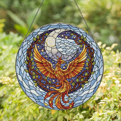 Day Night Crescent Moon Spread Winged Phoenix Leafy Vines - Celestial Home Decor Stained Glass Suncatcher