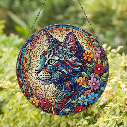 Stained Glass Cat Head Emerald Eyes Floral Mosaic - Home Decor Gift for Cat Lover Stained Glass Suncatcher