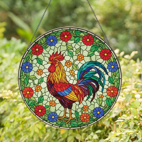 Rooster Floral Botanical Mosaic - Farmhouse Home Decor Gift for Rooster Lover Stained Glass Suncatcher