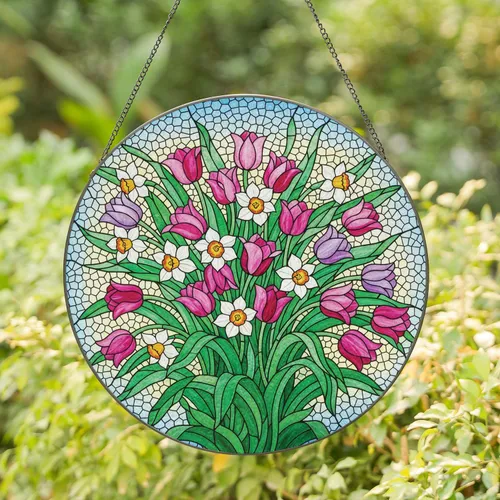 Tulips Daffodils Green Leaves Textured Mosaic Sky - Home Decor Gift Stained Glass Suncatcher