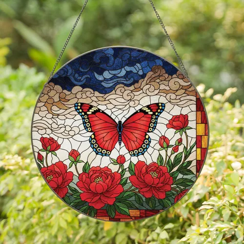 Red Butterfly Black Veins Peonies Rosebuds Night Sky Mosaic Home Decor Gift for Butterfly Lover Stained Glass Suncatcher