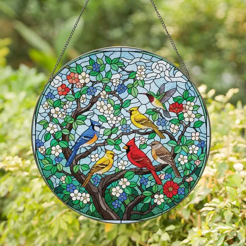 Five Birds Flowering Tree Branches White Blue Red-Pink Blossoms Mosaic Sky Foliage - Home Decor Gift Stained Glass Suncatcher