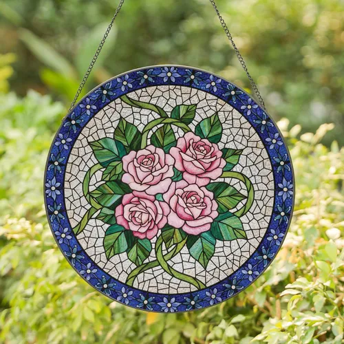 Tiffany Glass Layered Roses Green Leaves Swirling Mosaic - Home Decor Gift Stained Glass Suncatcher
