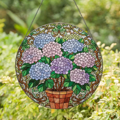 Iridescent Hydrangea Flower Clusters Tiffany Glass Botanical Mosaic - Home Decor Gift Stained Glass Suncatcher