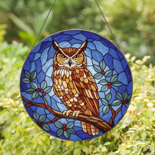 Great Horned Owl Tree Branch Leaves Berries Mosaic Sky - Wildlife Lover Home Decor Gift Stained Glass Suncatcher