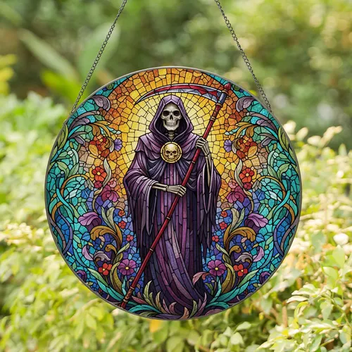 Intricate Grim Reaper Stained Glass Floral Mosaic - Gothic Art Home Decor Gift Stained Glass Suncatcher
