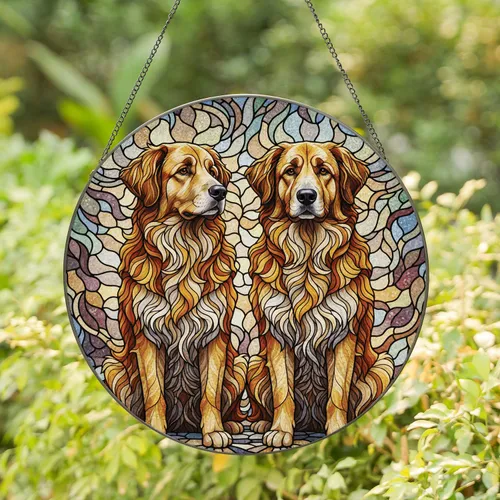 Shaggy Leonberger Dogs - Glowing Organic Home Decor Gift for Dog Owners Stained Glass Suncatcher