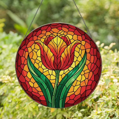 High Contrast Stained Glass Tulip Floral Mosaic - Home Decor Gift for Garden Lover Stained Glass Suncatcher