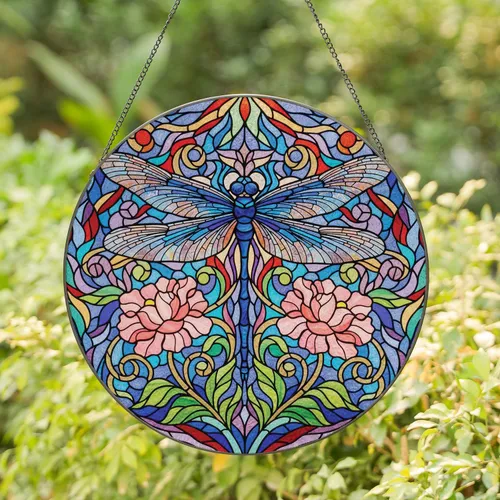Dragonfly Stained Glass Flowers Leaves Mosaic Home Decor Gift Stained Glass Suncatcher